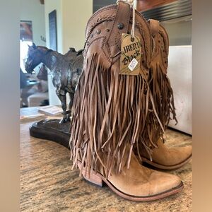 LIBERTY Black Tan Fringe Western Boots (Vegas Faggio)